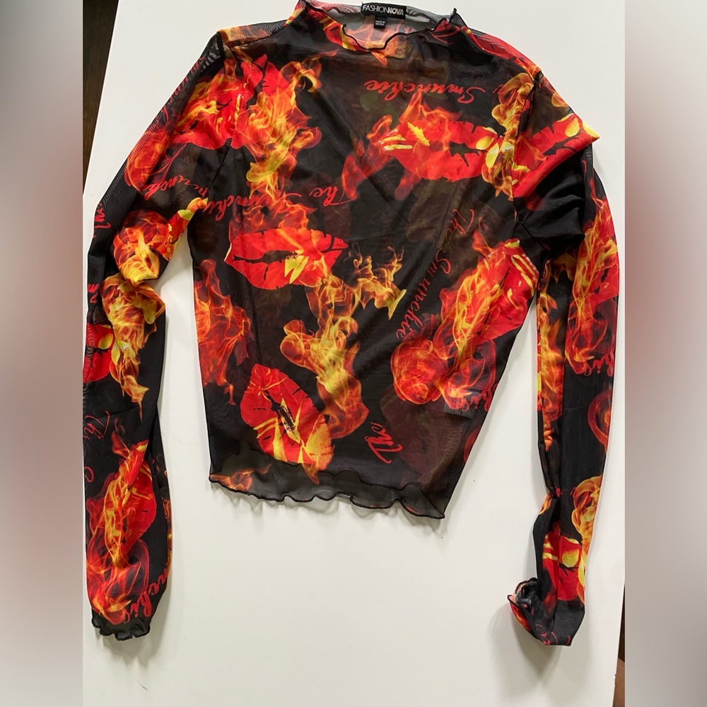 Fashion Nova Fitted Long Sleeve Blouse in Orange and Red
